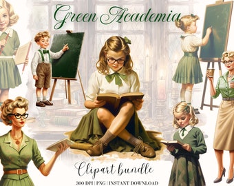 Green Academia Watercolor Clipart Bundle, Back to school digital download, Teacher clipart, Students and teachers, green school uniform