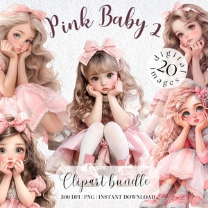 Süßes kleines Mädchen in rosa Kleid Clipart Bundle Vintage Mädchen Illustration Sommer Clipart Süßes Mädchen Anime Collage Kit Digitale Aufkleber Mädchen