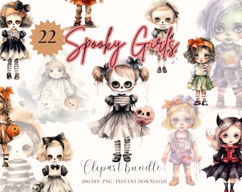 Spooky Girls Halloween Clipart Bundle: Cute Witch PNG (Digital Download)