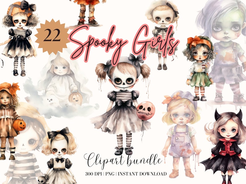 Spooky Girls Halloween Clipart Bundle: Cute Witch PNG (Digital Download) image 1