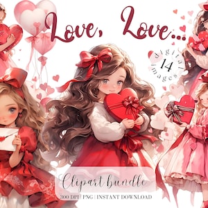 Valentinstag Clipart Bundle, süßes kleines Valentine Mädchen mit roten Herzen und Ballon, Junk Journal, Scrapbooking, Mädchen im roten Kleid, Vintage
