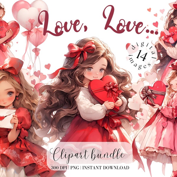 Valentines Day Clipart Bundle Cute Little Valentine Girl with red Hearts and Balloon, Junk journal, Scrapbooking, Girl in red dress, Vintage