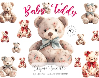 Teddy Bear Clipart Bundle Watercolor Bear Clipart Nursery Digital Download Vintage Teddy Bear Victorian Floral Teddy