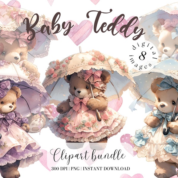 Teddy Bear with Umbrella Clipart Bundle Watercolor Bear Clipart Nursery Digital Download Vintage Teddy Bear Victorian dress