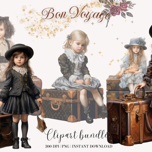 Vintage meisje met bagage clipartbundel reis clipart voor kinderen met bagage kortstondige clipart vintage bagage ongewenste dagboek scrapbooking