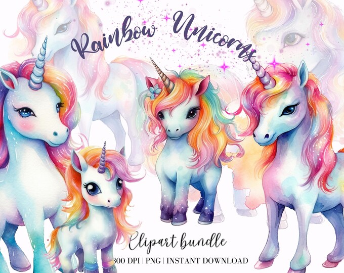 Unicorn With Rainbow PNG Clipart Bundle - 40 High Quality PNG Instant ...