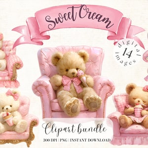 Teddy Bear with Ice cream Clipart Bundle Watercolor Bear in Chair Nursery Digital Download Vintage Teddy Bear Pink Ice Cream Clipart Bedroom imagem 1