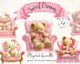 Teddy Bear with Ice cream Clipart Bundle Watercolor Bear in Chair Nursery Digital Download Vintage Teddy Bear Pink Ice Cream Clipart Bedroom