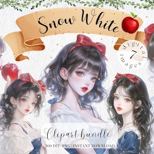 Snow White Princess Clipart Bundle Character Cute Girl in Dress Watercolor Asian Girl Anime Gitital Image Black Hair Girl with Apple Clipart