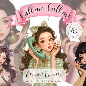 Aziatisch meisje vintage telefoon clipartbundel schattig meisje met lang haar Aziatisch meisje anime stijl clipart commercial gratis illustratie digitaal