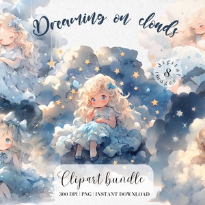 Clipart acquerello ragazza che sogna sulle nuvole notturne, clipart per la cameretta dei bambini, png per bambini carini, design per la camera dei bambini, scrapbooking, diario spazzatura, collage
