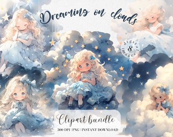 Fille clipart aquarelle rêvant de nuages dans la nuit, clipart de chambre d'enfant, png de bébé mignon, conception de chambre d'enfants, scrapbooking, journal de bordel de mer, collage