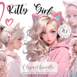 Bundle de cliparts petite fille avec des oreilles de chat Jolie fille en rose Clipart jolie fille en sweat à capuche Junk Journal Stickers numériques Oreilles de chat fille blonde