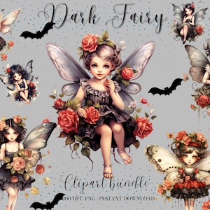 Dark Fairy Halloween Cliparts Aquarell Clipart Bundle Garten Fee Magie Fee Waldfee Png Junk Journal Niedlichen Kinderzimmer Design Süßes Mädchen