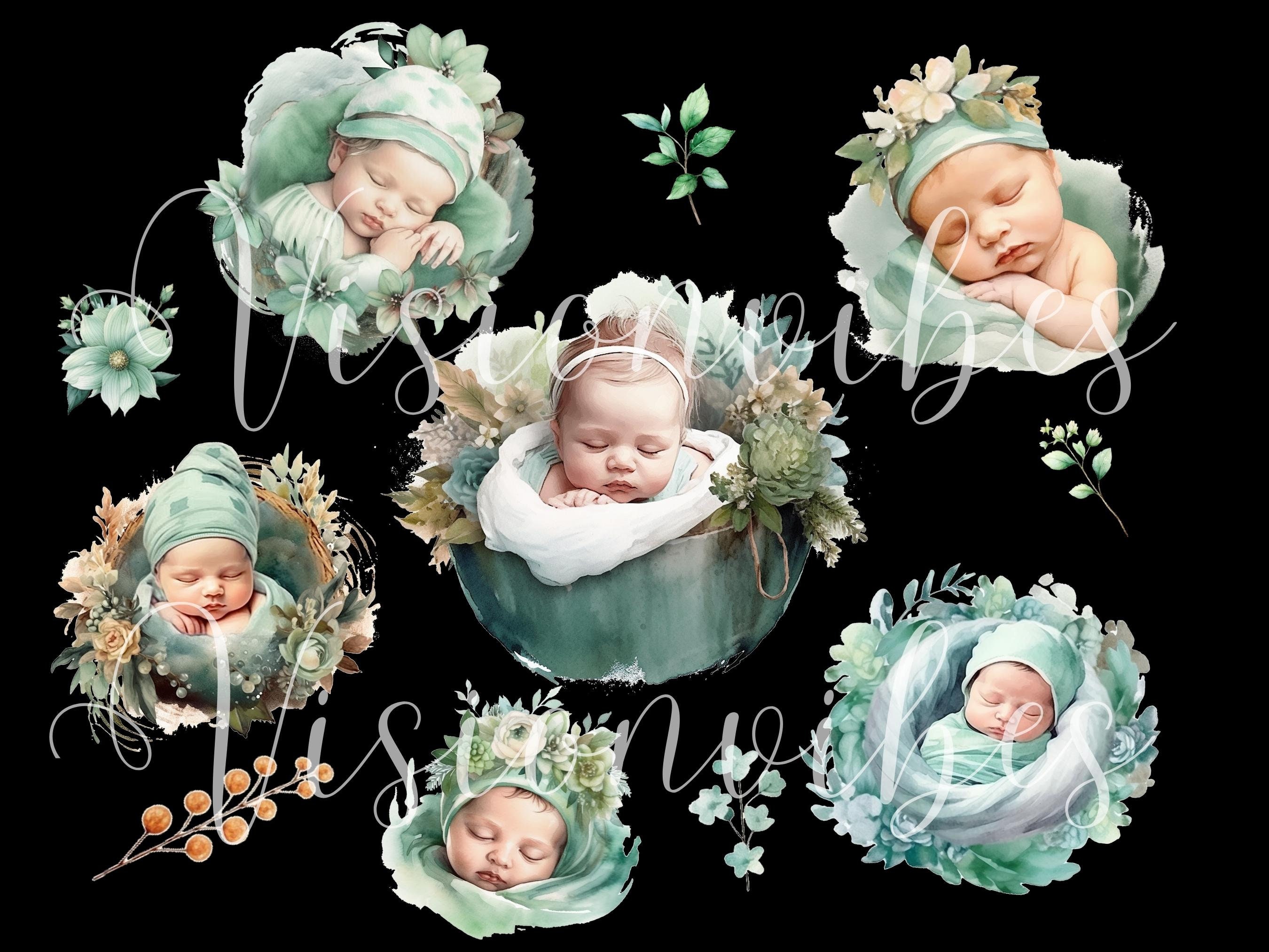 Newborn Watercolor Clipart Bundle Mint Boho Baby Clipart Nursery ...