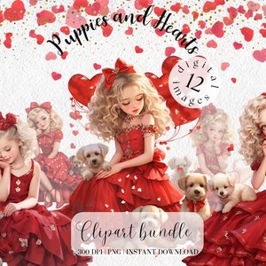 Valentijnsdag clipartbundel Schattig klein valentijnsmeisje en puppy illustratie van meisje in rode jurk clipart rode harten Valentijnsdag, png
