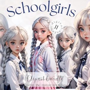 Paquete de imágenes prediseñadas de linda colegiala en uniforme escolar Paquete de pegatinas digitales Kit de collage de álbumes de recortes de linda niña con ojos grandes
