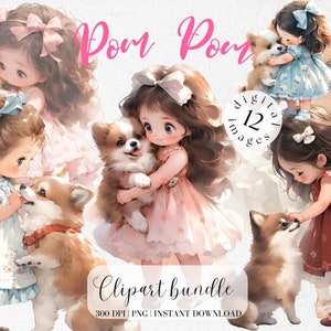 Girl with Pomeranian in Watercolor Clipart Bundle Vintage Dog and Girl Png Cute Puppy animals Junk journal Scrapbooking Collage Commercial