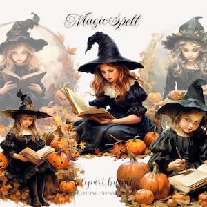 Halloween Piccola strega Retro Clipart Bundle Strega ragazza Clipart Halloween Clipart Zucca Download digitale Vintage Clipart Retro PNG
