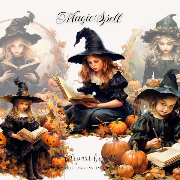 Halloween Little witch Retro Clipart Bundle Witch girl Clipart Halloween Clipart Pumpkin Digital Download Vintage Clipart Retro PNG