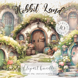 Dom Hobbita Akwarela clipart Bundle Garden Gnome Cottage Floral Garden House Junk Journal Scrapbooking Collage Art Naklejki cyfrowe