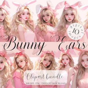 Schattig Aziatisch meisje met konijnenoren in roze clipartbundel Schattig meisje in roze meisje animestijl clipart commercial gratis schattige digitale stickers png