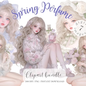 Romantisch meisje met parfum clipartbundel schattig meisje met lang haar pastel meisje anime clipart aquarel illustratie digitale stickers png