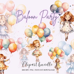 Fille avec des ballons Bundle aquarelle de cliparts Fille aquarelle et ballons Png anniversaire Clipart ballons Ballons aquarelles en téléchargement numérique