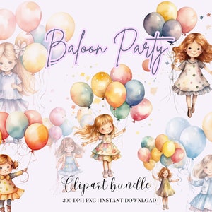 Girl With Balloons Watercolor Clipart Bundle Watercolor Girl and Balloons Png Birthday Clipart Balloons Digital Download Watercolor Balloons