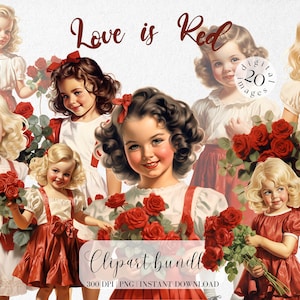 Pacchetto di clipart di ragazza retrò con rose rosse Clipart di ragazza retrò Clipart estiva Ragazza retrò in abito Fred Clipart vintage PNG retrò Rose rosse