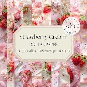 Afdrukbaar aardbeiroom digitaal papier, dromerig digitaal papier, pastelkleurige achtergrond, hart kant achtergrond, junk journal downloaden, scrapbooking
