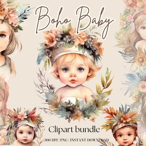 Aquarell Boho Baby Clipart Bundle, niedliches Baby Boho Junge Boho Mädchen Kinderzimmer Clipart Boho Kinder Aquarell Kinder Baby in den Blumen Cute Baby Png