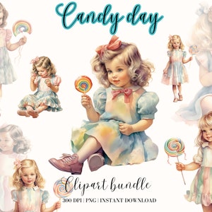 Retro Mädchen mit Süßigkeiten Aquarell Clipart Bundle Kleines Mädchen Regenbogen Lollipop Süß Baby Werbung Free Sommer Png Junk Journal Fashion Girl