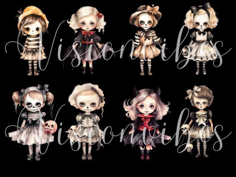 May include: Eight watercolour illustrations of spooky Halloween dolls. The dolls are dressed in various costumes, including a striped dress, a black dress, a brown dress, a striped dress, a blue dress, a red dress, a black dress, and a black dress. Some of the dolls are holding a skull or a balloon.
