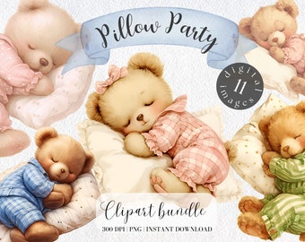 Teddy Bear Sleeping on a Pillow Clipart Bundle Watercolor Bear Pink Nursery Digital Download Vintage Teddy Bear Pink Pajama Clipart Bedroom