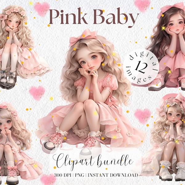 Cute Little Girl in Pink Dress Clipart Bundle Vintage girl Illustration Summer Clipart Cute Girl Anime Collage Kit Digital Stickers Girl