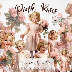 Vintage Girl with Pink Roses Clipart Bundle Retro girl Clipart Summer Clipart Retro Girl in Pink Dress Vintage Clipart Retro PNG Pink Roses