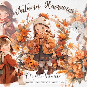 Mädchen mit Herbst Blumen Aquarell Clipart Bundle Cute Baby Digital Download Autumn Vibes Herbst Blumen Halloween Png Kleines Mädchen im Herbst