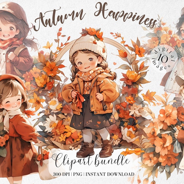 Fille avec des fleurs d'automne, ensemble de cliparts aquarelle en téléchargement numérique, bébé mignon, ambiance d'automne, fleurs d'automne, Halloween Png, petite fille en automne