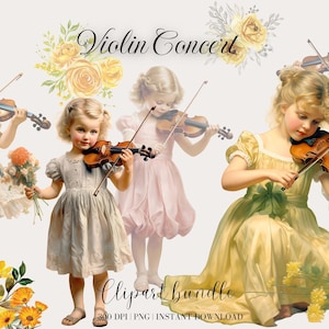 Meisje viool spelen aquarel clipart bundel, vintage meisje, muziek png, terug naar school digitale download, scrapbooking clipart voor kaartmaken