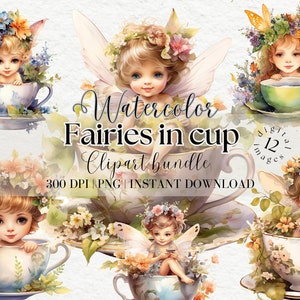 Fata dei fiori in una tazza da tè Bundle di clipart ad acquerello Fata del giardino Fata magica Fata della foresta Png Giornale spazzatura Design carino per la cameretta dei bambini Ragazza carina Png