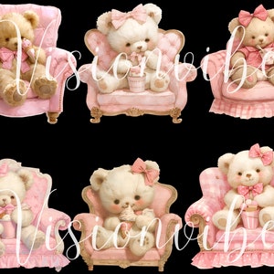 Teddy Bear with Ice cream Clipart Bundle Watercolor Bear in Chair Nursery Digital Download Vintage Teddy Bear Pink Ice Cream Clipart Bedroom imagem 3