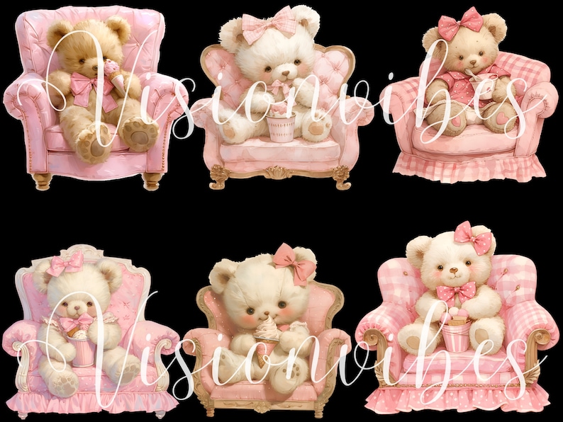 Teddy Bear with Ice cream Clipart Bundle Watercolor Bear in Chair Nursery Digital Download Vintage Teddy Bear Pink Ice Cream Clipart Bedroom imagem 3