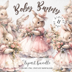 Baby Hase im Kleid Aquarell Vintage Clipart Bundle süsse Kaninchen Illustration Baby Tiere Kinderzimmer Clipart Collage Kit digitale Aufkleber