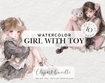 Little Girl with Bunny Clipart Bundle Cute girl with Stuffed Toy Pastel Girl Anime Clipart Watercolor Illustration Digital Stickers PNG Cute