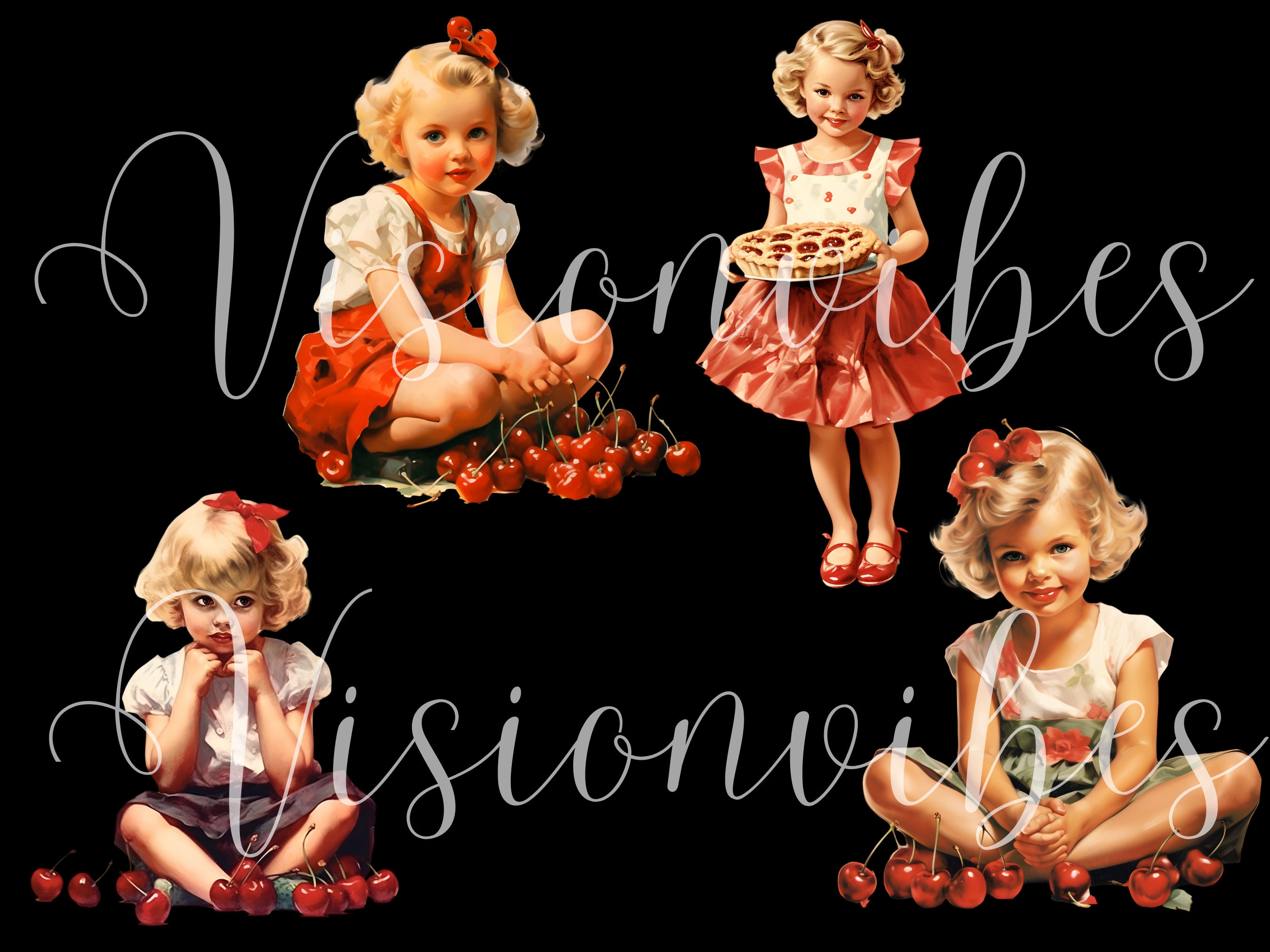 Retro Girl With Cherry Clipart Bundle Retro Girl Clipart Summer Clipart ...