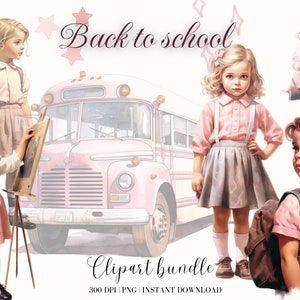 Back to School Clipart Bundle Watercolor Retro School Girl Digital Download Pink School Digital Download
