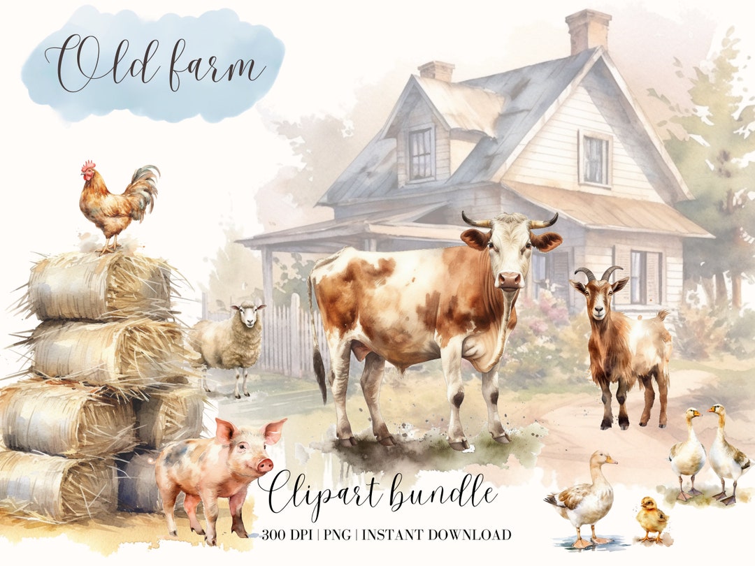 Old Farm Watercolor Clipart Bundle Domestic Animal Png Cow Chicken ...