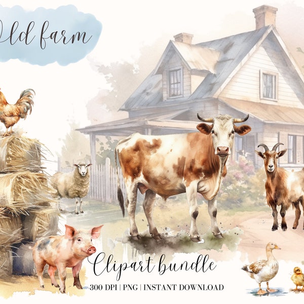 Old Farm Watercolor Clipart Bundle Domestic Animal Png Cow Chicken Sheep Goat Duck Turkey Commercial Use Junk Journal Ephemera Digital Image