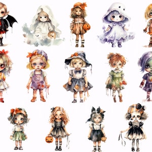 May include: A collection of 13 watercolour illustrations of cute girls dressed in Halloween costumes. The girls are wearing costumes such as a ghost, a witch, a zombie, a vampire, and a pumpkin. The illustrations are painted in a whimsical style with bright colours and details.